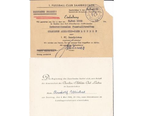 SAARBRUCKEN - CHARLTON     Two items relating to the Friendly match Saarbrucken v Charlton 8/5/49 inc an invitation to the po