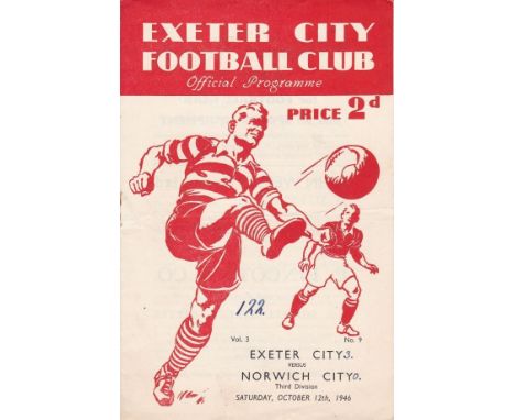 EXETER- NORWICH 46  Exeter home programme v Norwich, 12/10/46, score, number on cover, changes noted.  Fair-generally good