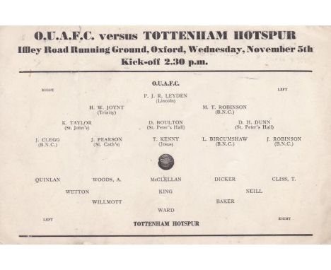 OXFORD UNIV - TOTTENHAM 1952  Single card programme, Oxford University v Tottenham, 5/11/52 at Iffley Road, Oxford. Baker, We