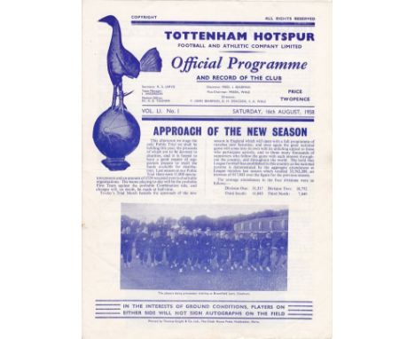 TOTTENHAM 58-59   Tottenham programme for Public Trial match, 16/8/58, Whites v Blues, fold, score, scorers , changes noted a