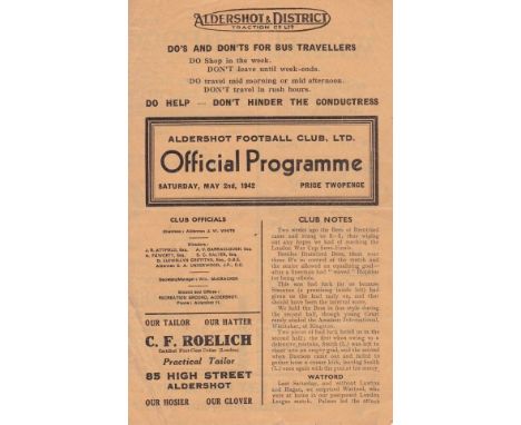 ALDERSHOT - SOUTHAMPTON 42   Four page Aldershot programme v Southampton, 2/5/42 in match billed as Hampshire Combination Cup
