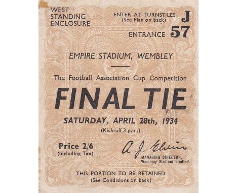 1934 CUP FINAL TICKET   Ticket for the 1934 Cup Final, Manchester City v Portsmouth , very slight marks.  Generally good