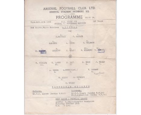 ARSENAL / TOTTENHAM HOTSPUR    Single sheet programme for the Youth Cup match played at Arsenal 14/10/1958, folded and annota