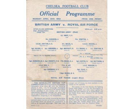 WARTIME AT CHELSEA 43   Chelsea single sheet programme issued for British Army v Royal Air Force, 26/4/43 at Stamford Bridge.