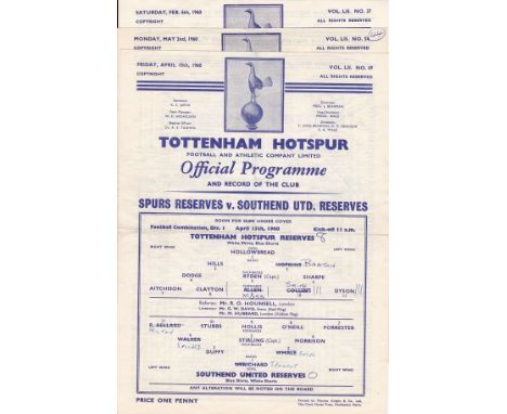 TOTTENHAM 59-60  Three home Reserves single sheet programmes, 59-60, v Southend, Ipswich and Bristol City, all have scores, s