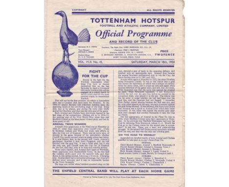 1950 FA CUP SEMI-FINAL       Programme for Arsenal v. Chelsea played at Tottenham Hotspur FC 18/3/1950, creased and slight we