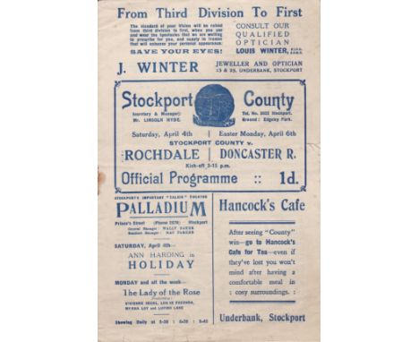 STOCKPORT-ROCHDALE-DONCASTER 1931   Stockport County home programme , double issue, covering games v Rochdale 4/4/1931 and v 
