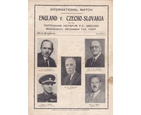 ENGLAND     Home programme v Czechoslovakia 1/12/1937 played at Tottenham Hotspur FC, folded and slightly marked.     Fair/Ge