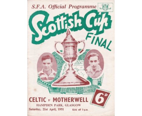 SCOTTISH CUP FINAL 1951    Official programme, Celtic v Motherwell, 21/4/51, Scottish Cup Final at Hampden Park. Slight fold,