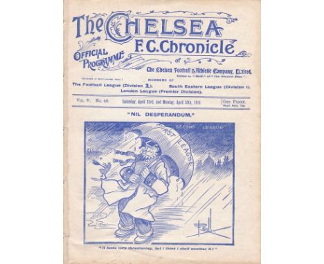 CHELSEA / BURY  1910  Chelsea v Sunderland, 23rd and 25th Apr 1910. Ex Bound volume programme. Paper mark at spine.   General