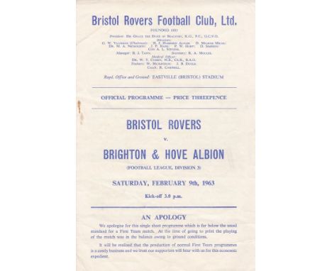 BRISTOL ROVERS / BRIGHTON & HOVE ALB.      Scarce programme for the League match at Bristol Rovers 9/2/1963, creased and team