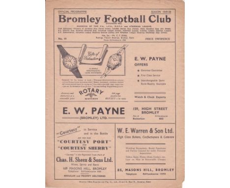 BROMLEY - PEGASUS 49   Four page Bromley home programme v Pegasus, 19/11/49, friendly played under Cup-Tie rules as the match
