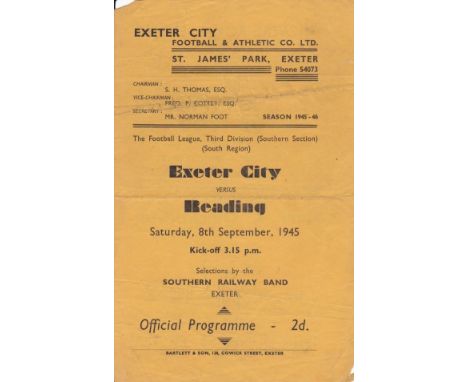 EXETER - READING 45  Exeter City four page home programme v Reading, 8/9/45, folds, slight wear , team changes.  Fair- genera