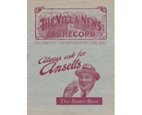ASTON VILLA - SHEFFIELD WED 1935    Villa home programme v Wednesday 31/8/1935, also covers Villa Res v Oldham Res, 2/9/1935.