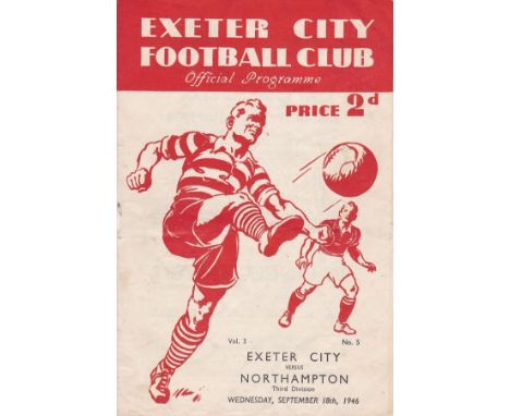 EXETER- NORTHAMPTON 46  Exeter home programme v Northampton, 18/9/46, midweek game, score, changes noted.  Fair-generally goo