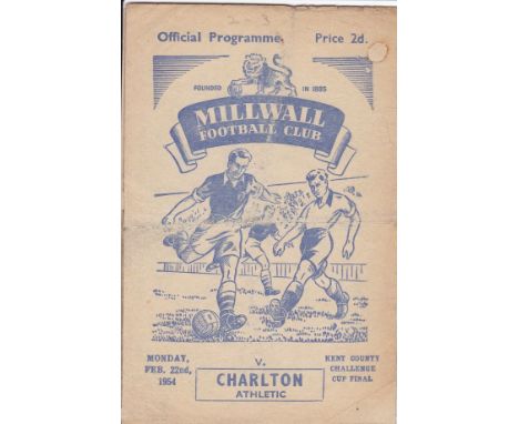 MILLWALL      Three home programmes v. Tottenham Hotspur 19/10/1953 Friendly hole on spine, creased and worn and v. Charlton 