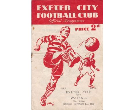 EXETER - WALSALL 46   Exeter home programme v Walsall, 2/11/46, folds, slight creasing, minor rust marks.  Fair-generally goo