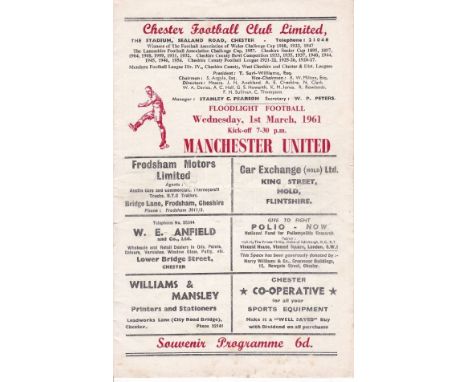 CHESTER - MAN UTD 61   Chester home programme v Manchester United, 1/3/61, floodlight game, fold, minor ink mark on one page.