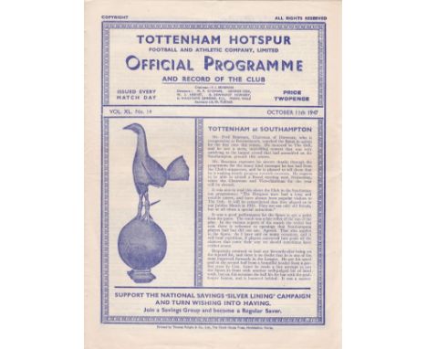 TOTTENHAM RES - LEICESTER 47   Four page Spurs Reserves home programme v Leicester Res, 11/10/47, fold, changes, half-time sc