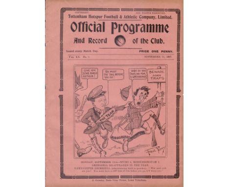 TOTTENHAM-LEICESTER 1927   Tottenham home programme v Leicester, 22/9/1927, ex bound volume, slight nicks to spine.  Generall