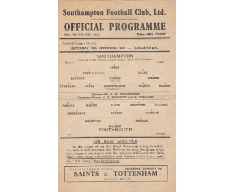 SOUTHAMPTON - PORTSMOUTH 42   Southampton single sheet home programme v Portsmouth, 26/12/42, Saints had three guest players,