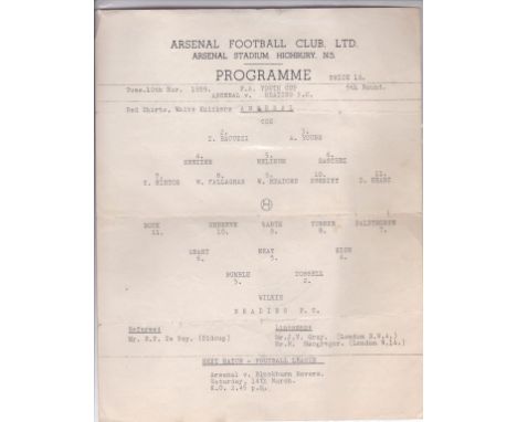 ARSENAL      Single sheet programme for the home Youth Cup match v. Reading 10/3/1959, folded.   Generally good
