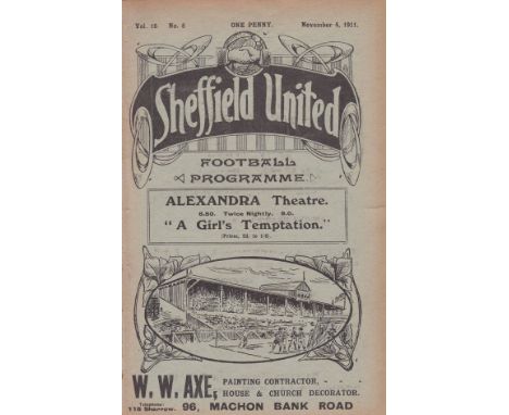SHEF UTD - SHEF WED 1911  Shef United home programme v Wednesday, 4/11/1911, 1-1 draw, ex bound volume, spine a little fragil