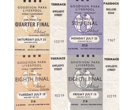 WORLD CUP 1966 TICKETS    Eight World Cup Tickets complete set of 5 tickets at Goodison Park, Everton FC: Brazil v. Bulgaria 