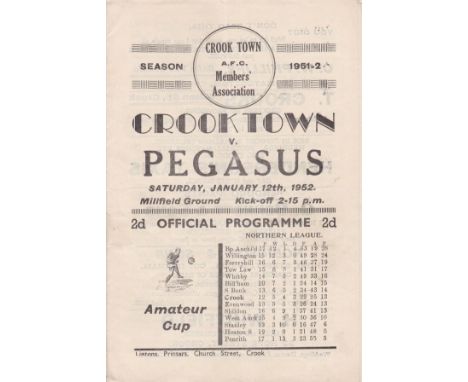 CROOK TOWN - PEGASUS 52   Crook Town home programme for Amateur Cup tie v Pegasus, 12/1/52. The tie ended 1-1 with Pegasus mi