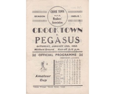 CROOK TOWN - PEGASUS 52   Crook Town home programme for Amateur Cup tie v Pegasus, 12/1/52. The tie ended 1-1 with Pegasus mi