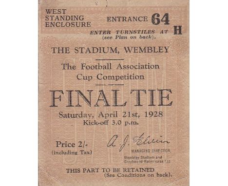 1928 FA CUP FINAL TICKET   West Standing Enclosure FA Cup Final Ticket, 21/4/1928, Blackburn v Huddersfield. Minor creasing. 