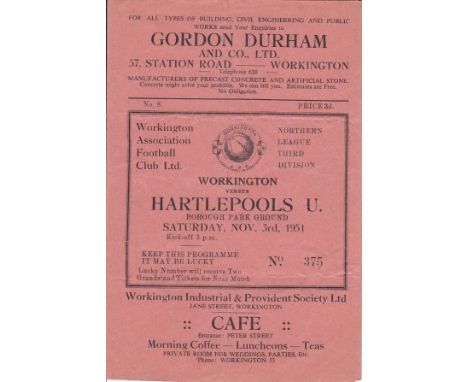 WORKINGTON 51-2- HARTLEPOOLS   Workington AFC home programme v Hartlepools United, 3/11/51, first Football League season for 