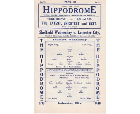 SHEFFIELD WED - LEICESTER 1929   Wednesday home programme v Leicester, 2/11/1929, ex bound volume, possible slight trim.  Gen