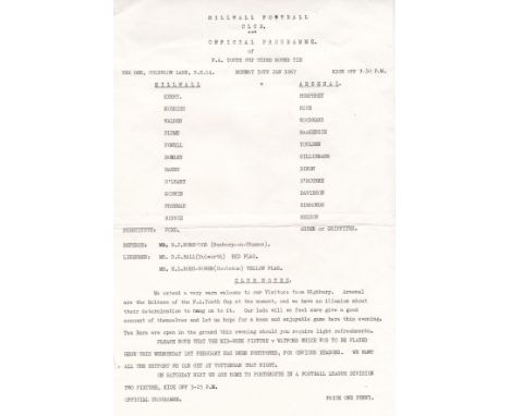 ARSENAL         Large single sheet programme for the away Youth Cup match v. Millwall 30/1/1967 with horizontal fold. General