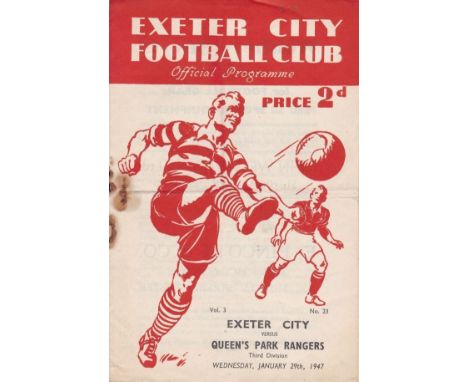 EXETER - QPR 47  Exeter home programme v QPR dated Wednesday 29th January 47. The match was either postponed or abandoned as 