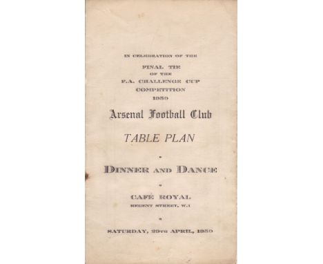 FA CUP FINAL 1950- ARSENAL    Arsenal FC table plan and List of Guests for the celebration Dinner and Dance at Cafe Royal, 29