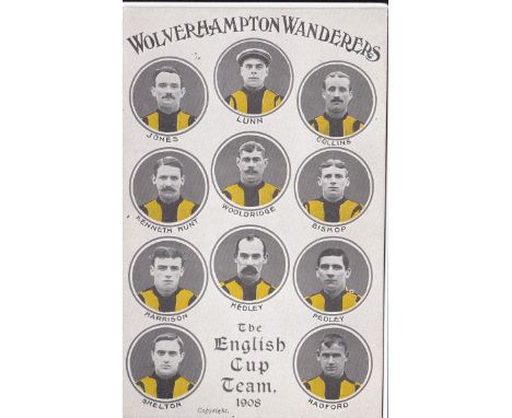WOLVERHAMPTON WANDERERS     Portrait postcard of The English Cup Team 1908 issued by George Lee, The Wulfruna Series.    Good
