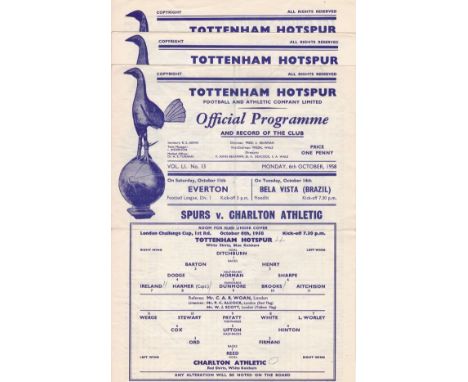 TOTTENHAM 58-59  Three Tottenham home programmes , 58-59, London Challenge Cup games, v Charlton 6/10/58 (single sheet), Finc
