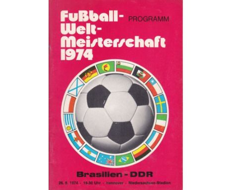 1974 WORLD CUP     Programme for East Germany DDR v. Brazil 26/6/1974 in Hannover with football on the cover.   Good