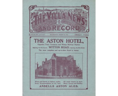 ASTON VILLA - LEICESTER 1926     Villa home programme v Leicester, 10/3/1926, slight fold.     Good