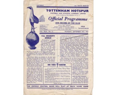 1951 CHARITY SHIELD     Tottenham home programme v Newcastle, 24/9/51, Charity Shield, played on a Monday, fold, tears along 