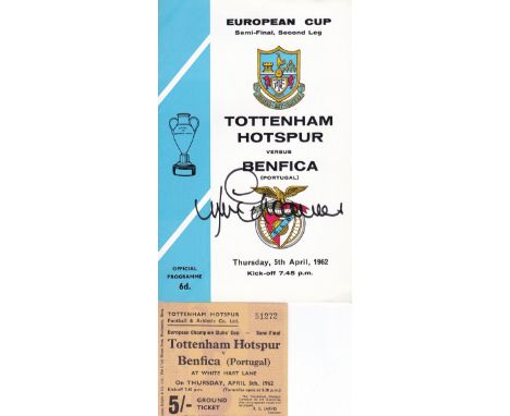 JIMMY GREAVES     Programme Tottenham v Benfica European Cup Semi-Final, 5th April 1962. Signed by Jimmy Greaves plus match t