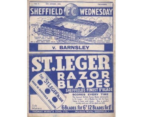SHEF WED - BARNSLEY 1939   Wednesday home programme v Barnsley, 28/8/1939, short three game truncated season due to outbreak 