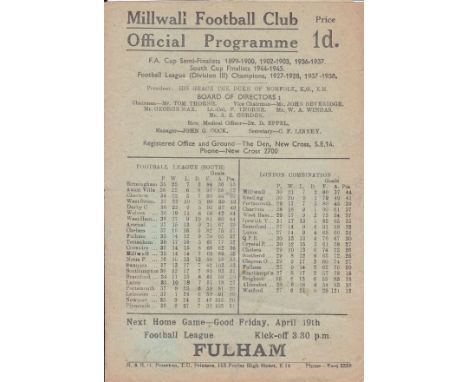 MILLWALL-LEICESTER 46   Millwall home programme v Leicester, 15/4/46, scorers, changes noted, minor fold.  Generally good