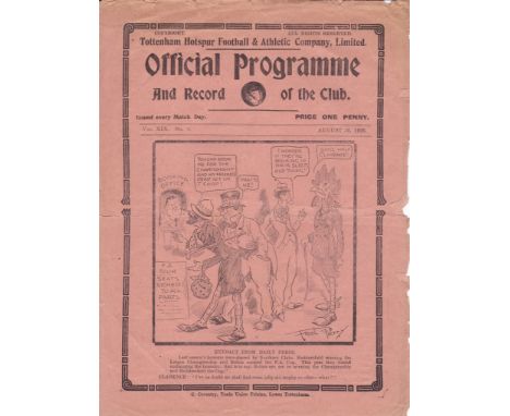 TOTTENHAM - SHEFFIELD WED 1926  Tottenham home programme v newly promoted Wednesday, 30/8/1926, Tottenham won 7-3. No writing