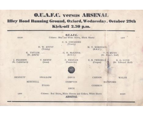 OXFORD UNIV - ARSENAL 1952   Single card programme, Oxford University v Arsenal, 29/10/52, at Iffley Road, Oxford, Evans, Com