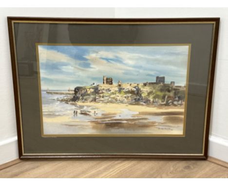 Framed watercolour painting of Tynemouth “Priory” signed &amp; dated by the artist Ronald Moore (1985) L73xW53cm 