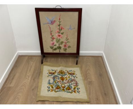 Large Vintage mahogany framed tapestry fire screen with changeable tapestry displays - Oriental style and Birds &amp; flowers
