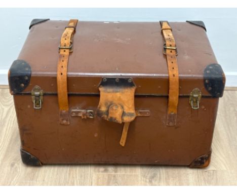 Large English leather bound trunk, with original leather twin handles &amp; key, 1920s - 87x49cm, height 46cm 