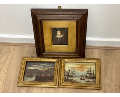 Pair of framed oil on board “ships at sea” scenes 27x22cm, together with a Victorian crystoleum portrait 37x33cm 